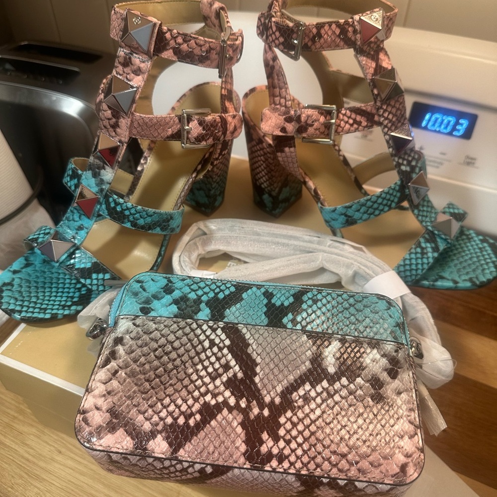 Michael Kors Snakeskin Heels - Teal and Pink Gladiator Shoes W/ matching purse.